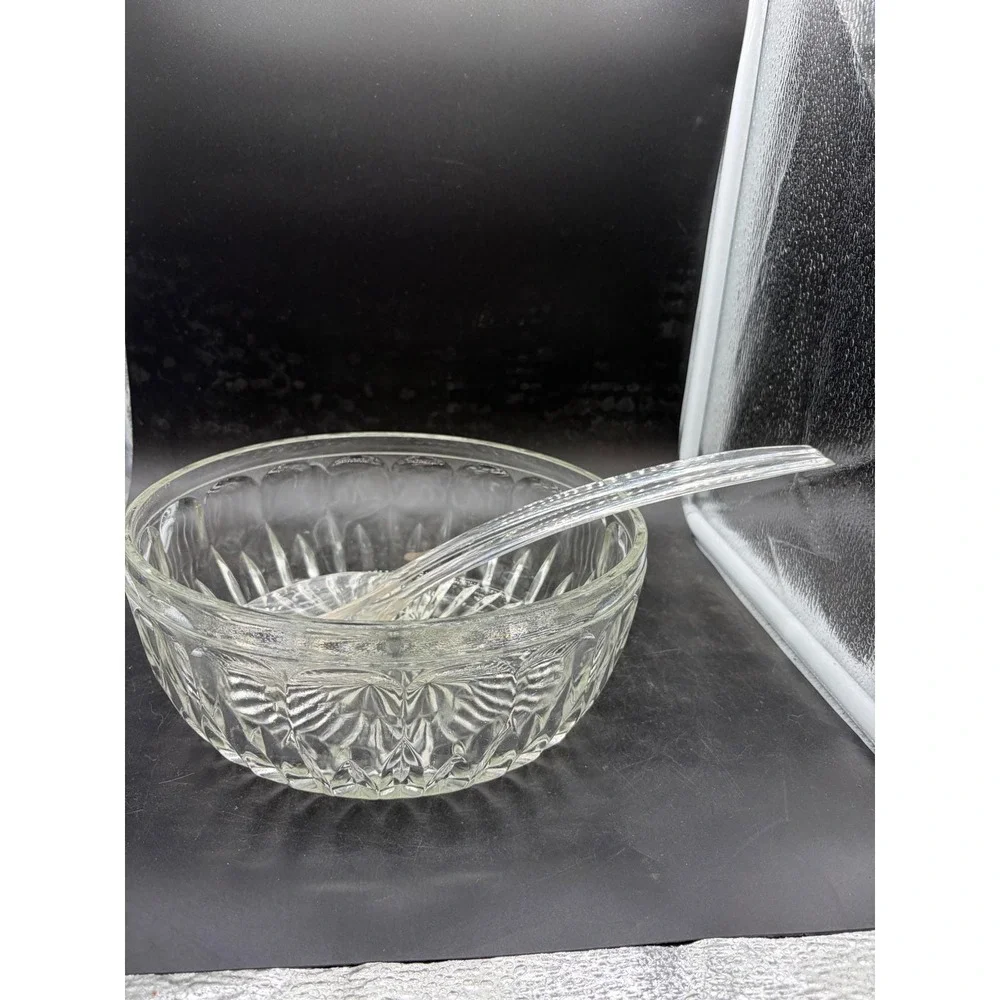 Vintage Clear Pressed Glass Salad Bowl with Matching Acrylic Serving Utensils